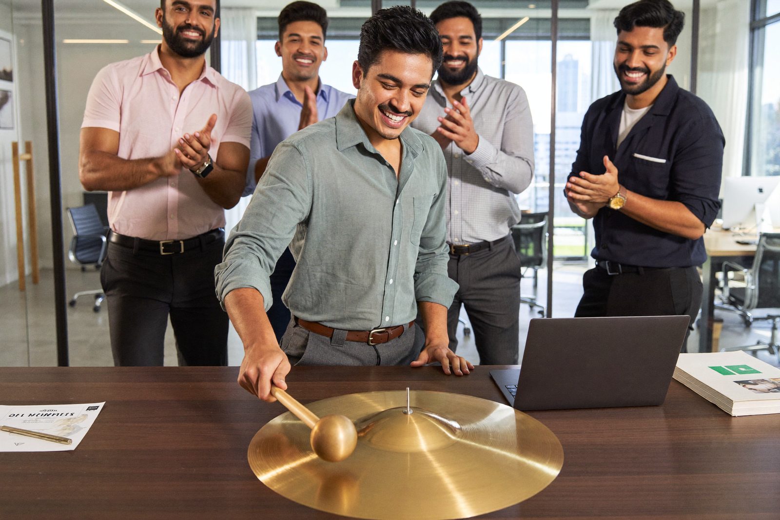 A rep striking the office gong while colleagues cheer